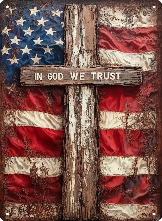 CSWLJS In God We Trust Patriotic American Flag & Cross Sign 8x12 in Vintage Christian Wall Decor for Home Church Garage Office Inspirational Faith Gift - Image 1